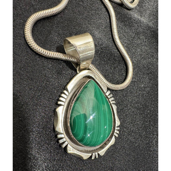 Navajo Malachite Sterling Silver Pendant Signed Rita Touchine Teardrop Necklace - Picture 1 of 9